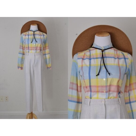 Vintage 80s Plaid Long-Sleeves Cotton Pastel Button-up‎ Blouse - Picture 1 of 10